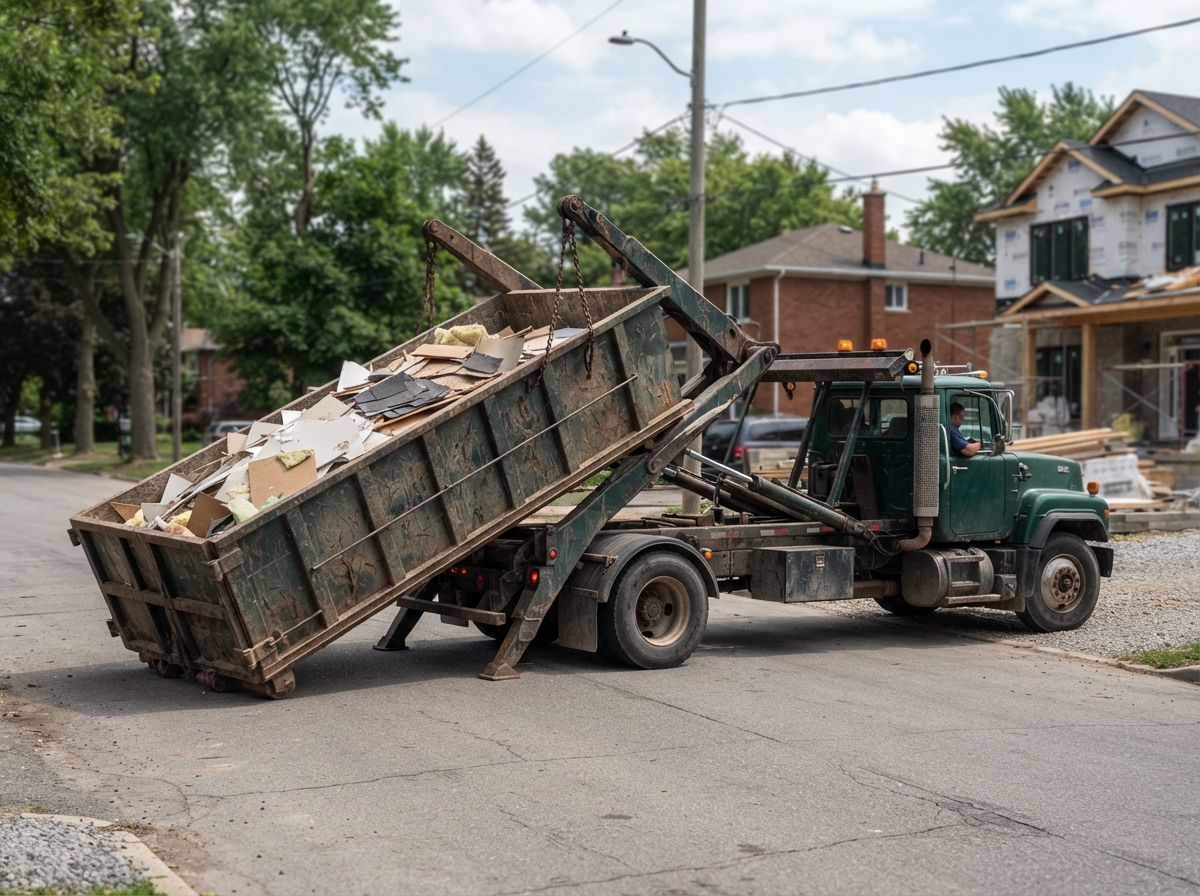 Roll-off container being hauled away visibly half full of light renovation debris