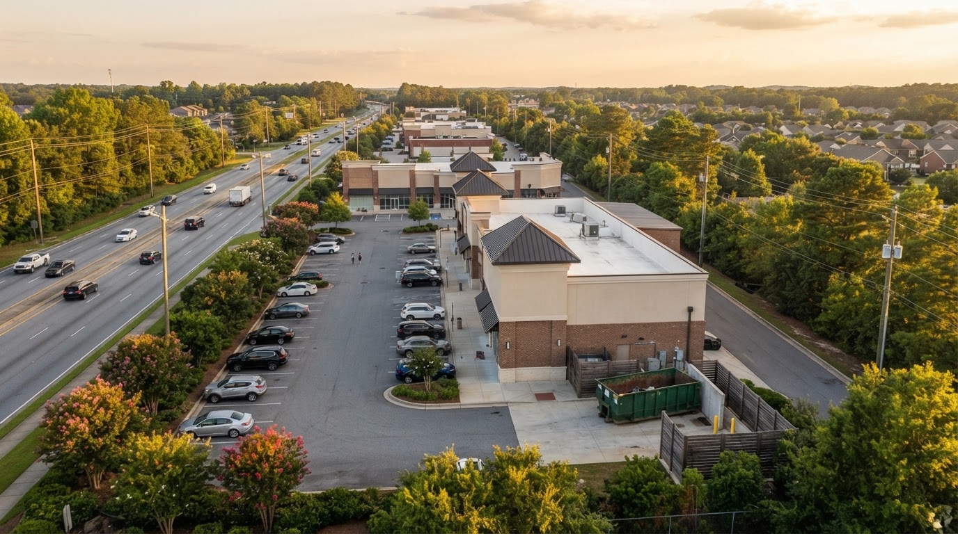 A roll-off container placed discreetly at the service side of a retail plaza in Centerville, GA