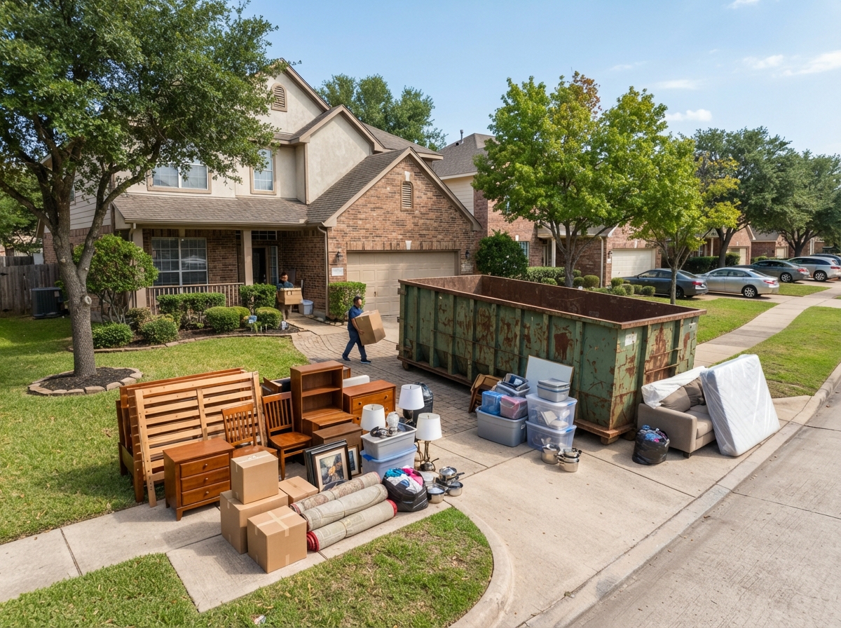 An eviction cleanout with belongings staged for loading near a roll-off container