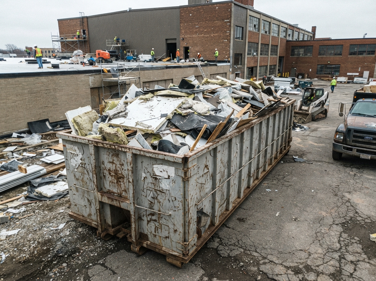 A 40-yard roll-off container for a bulky multi-building roofing job with insulation board and membrane debris