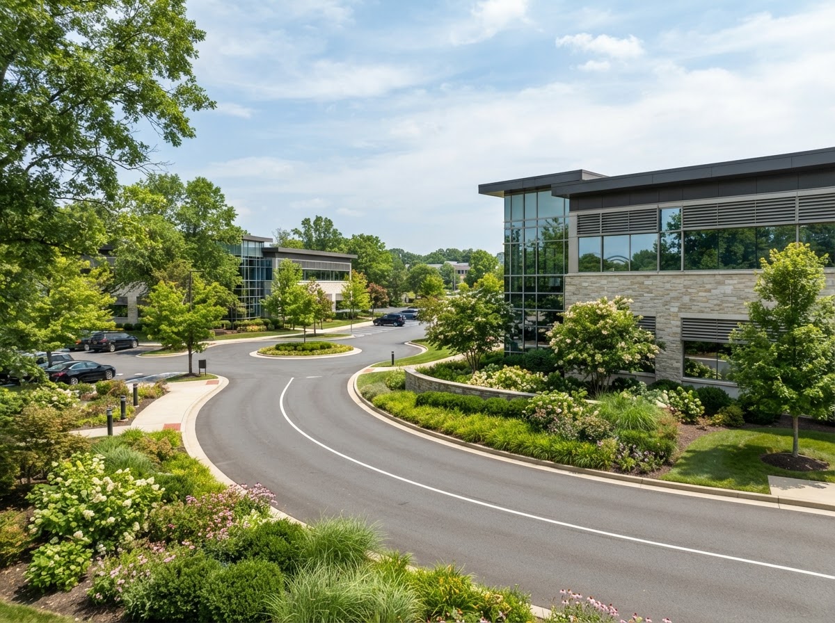 A suburban office park entrance drive with professional landscaping