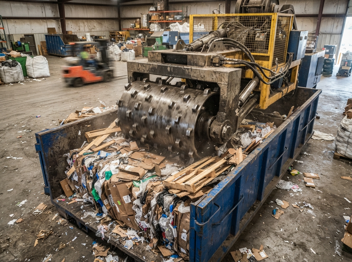 Compaction drum working inside a roll-off container full of packaging and pallets