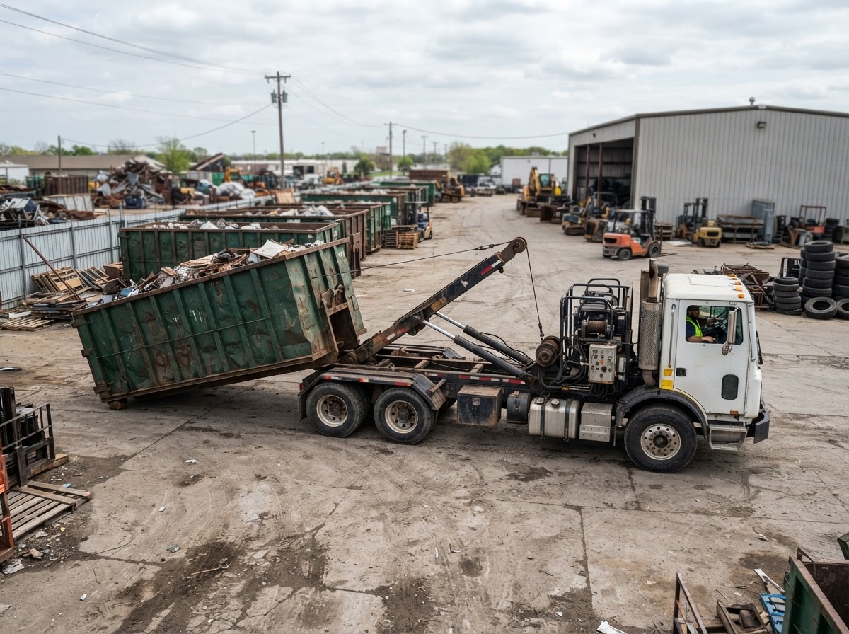 Mobile compaction truck servicing a roll-off container at a transport yard on the I-16 corridor