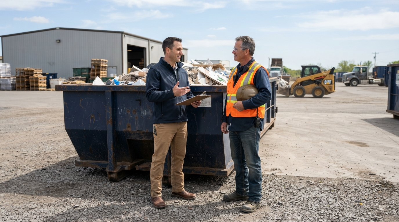 A facility manager and an operator talking beside a roll-off container at a commercial site