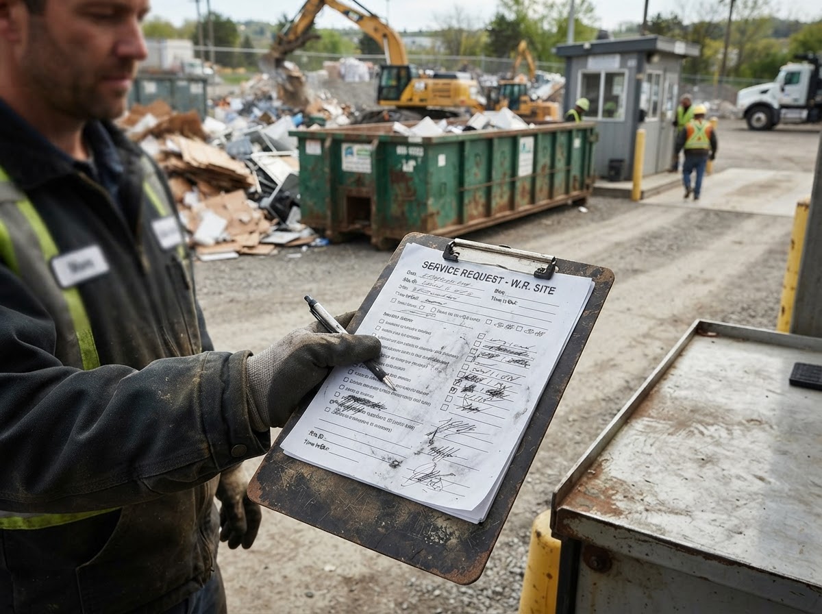 A mobile compaction truck working a container at a commercial site