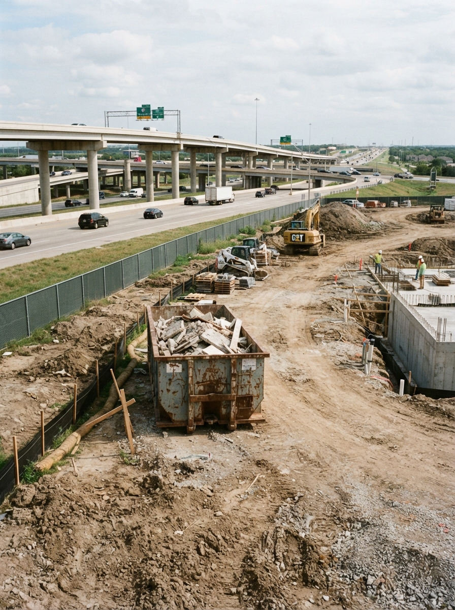 A commercial pad site near a highway interchange with a roll-off container on graded ground