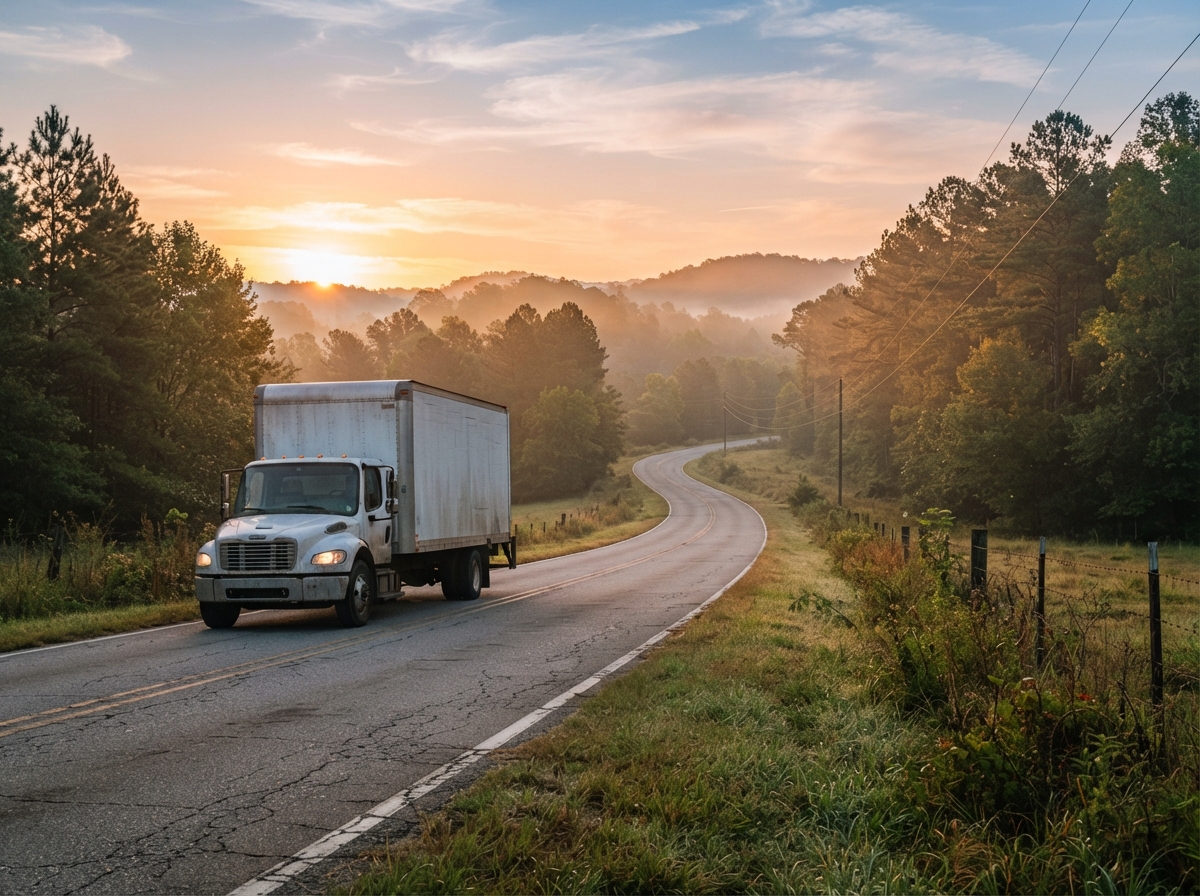 A delivery truck on a two-lane county road in the early morning light heading to a west Bibb County site