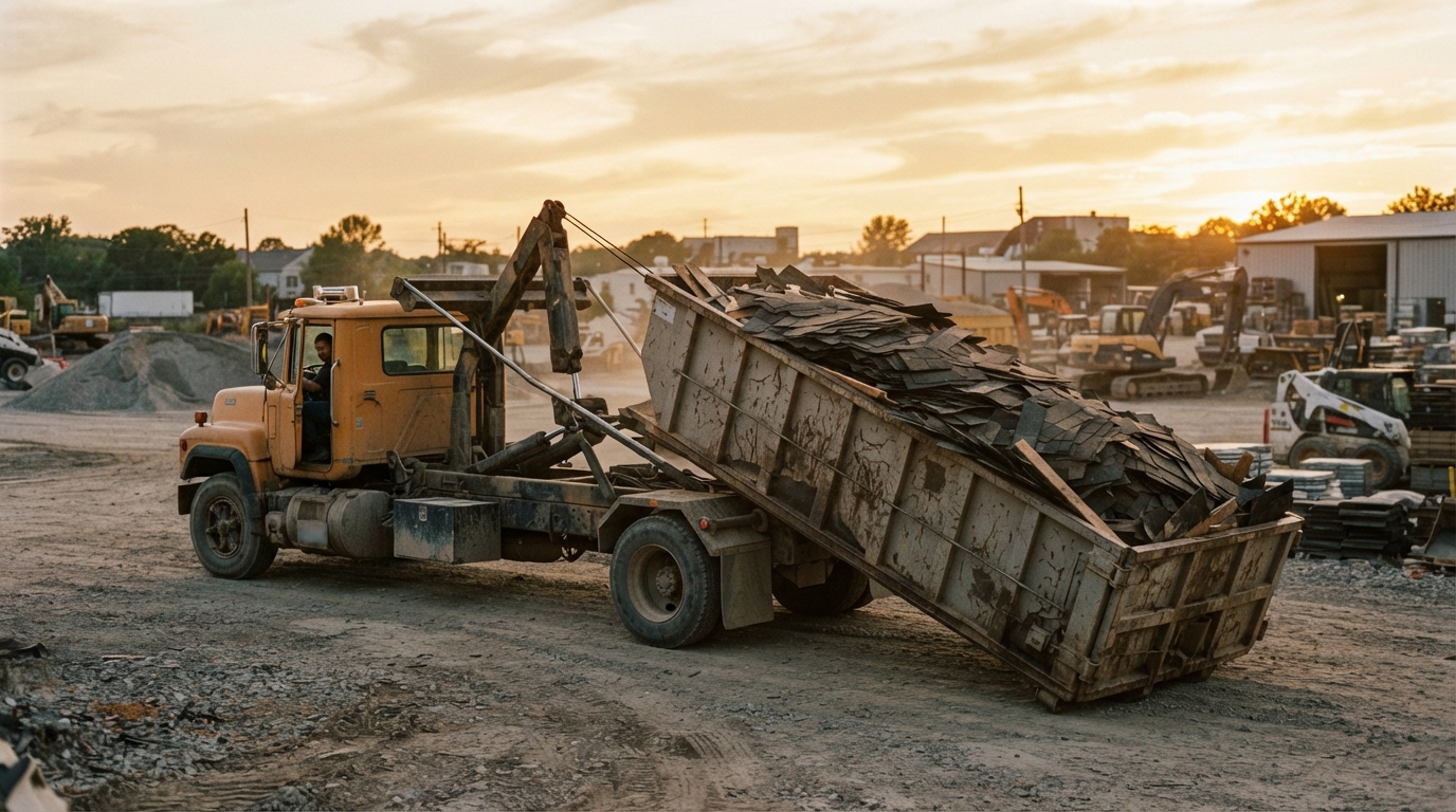 A hook truck removing a shingle-loaded roll-off container at end of day in low sun