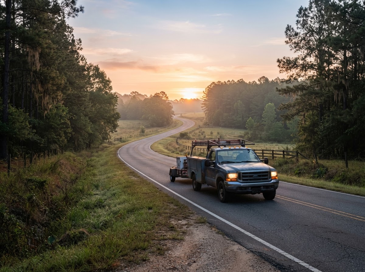 A two-lane county road at sunrise with a service truck heading to the first stop in South Bibb County
