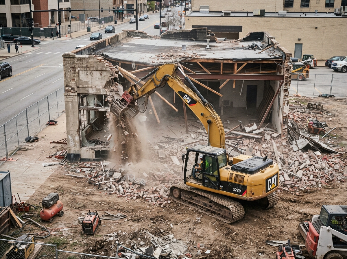 A small commercial structure mid-teardown with an excavator arm