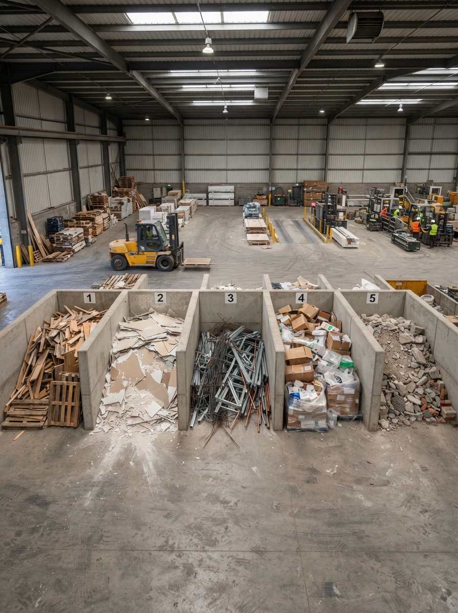 Assorted construction waste materials — wood, drywall, metal, packaging — neatly separated on a warehouse floor