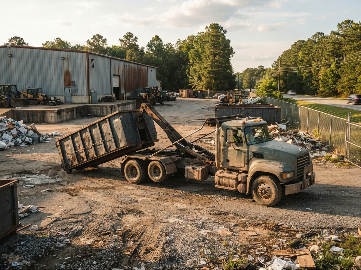 A roll-off container on a commercial property with a local waste management truck dispatching from a yard