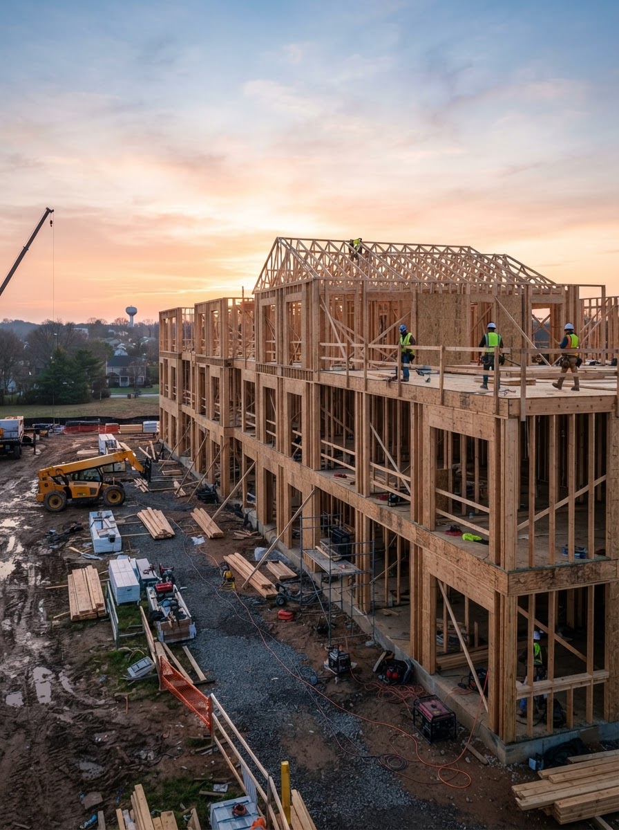 A commercial building in framing phase at first light