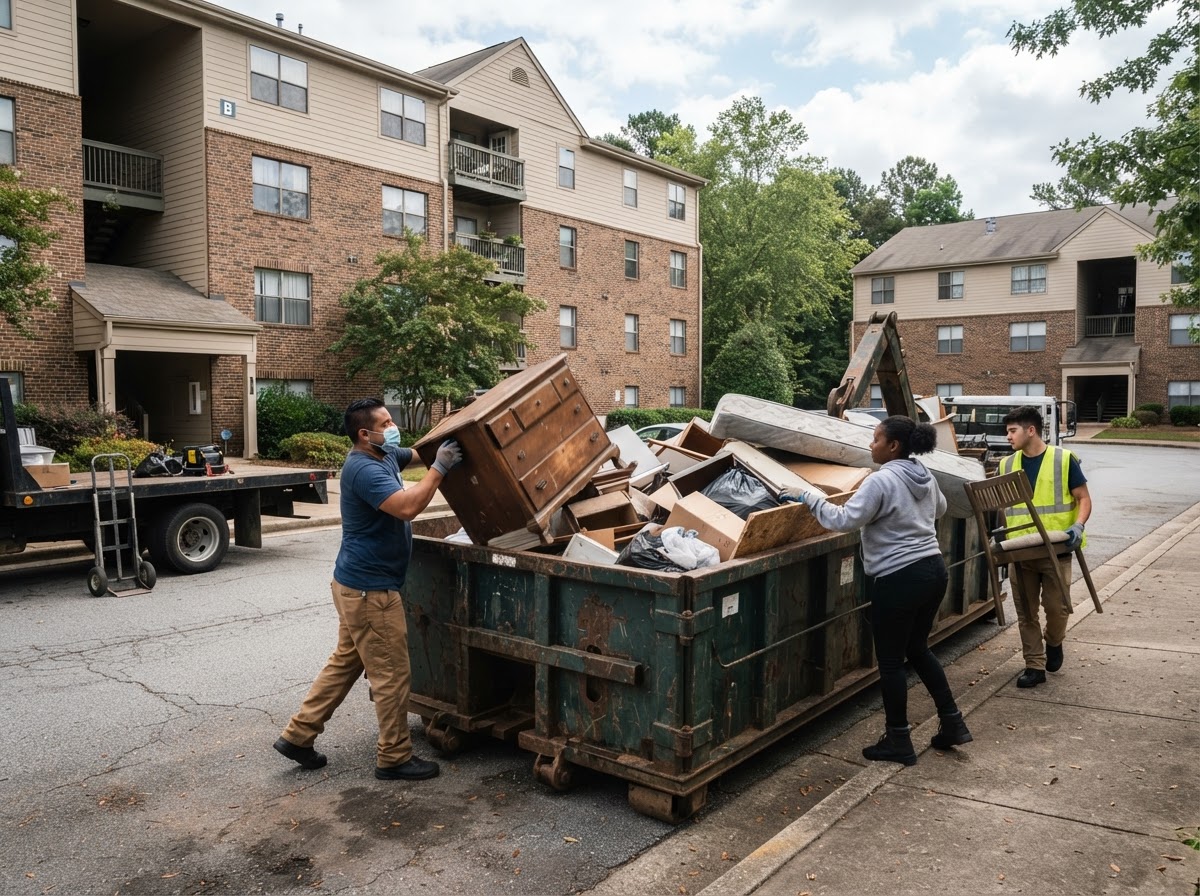Apartment turn crew loading furniture and turnover debris into a roll-off container