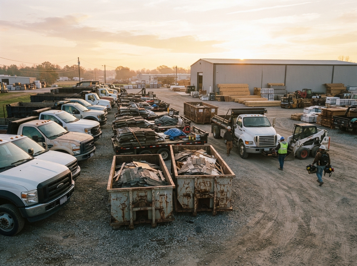 A multi-site contractor yard at dawn with several roll-off containers staged for the day's roofing jobs and trucks lined up