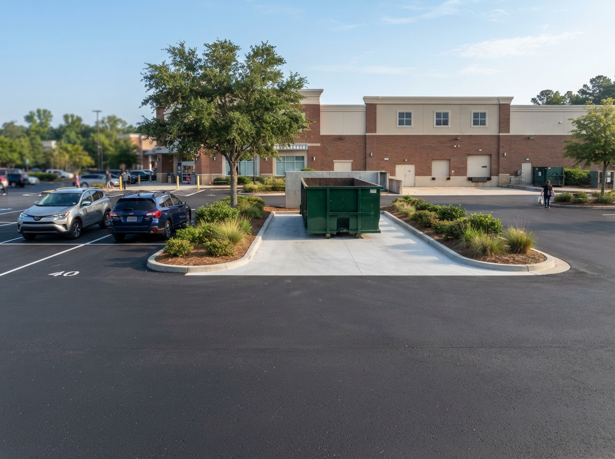 A tidy swept roll-off container pad visible from a customer parking lot at opening time