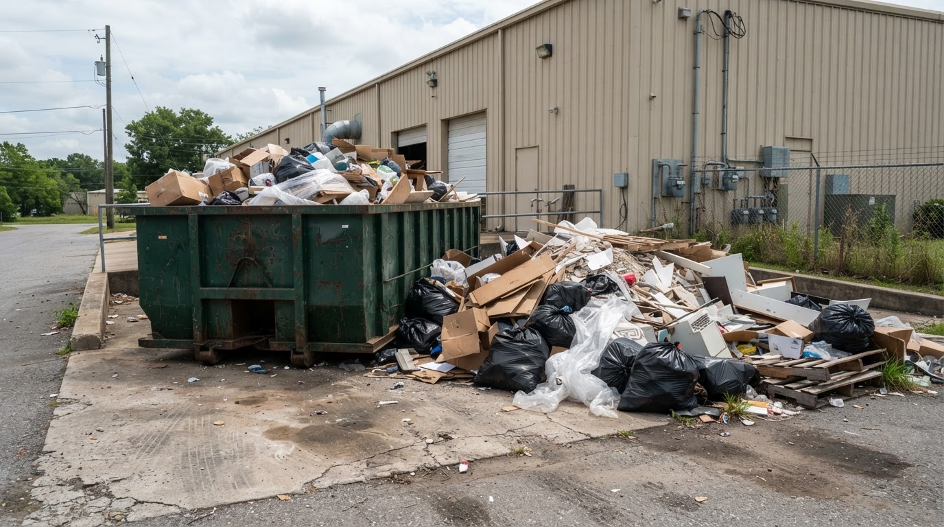 Waste and debris stacked up on the pad next to a roll-off container between pulls, overflow at a commercial property