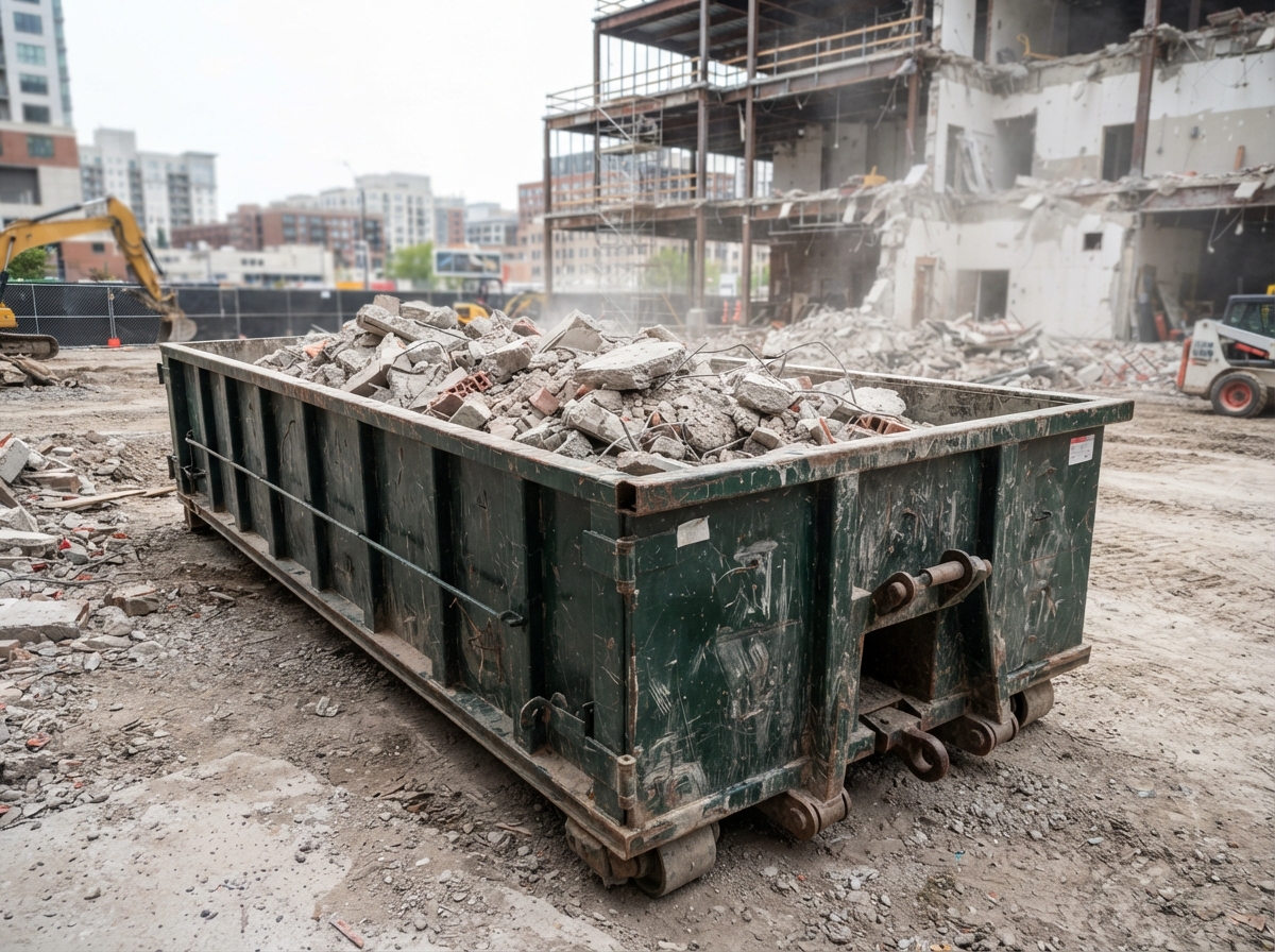 A loaded heavy-debris roll-off container with the load line clearly below the top rail
