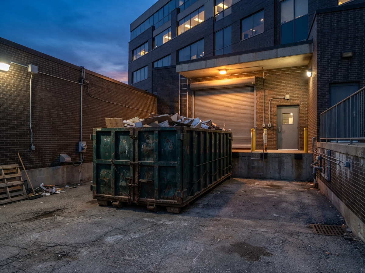 A 30-yard roll-off dumpster container tucked against a loading bay at an office building at dusk