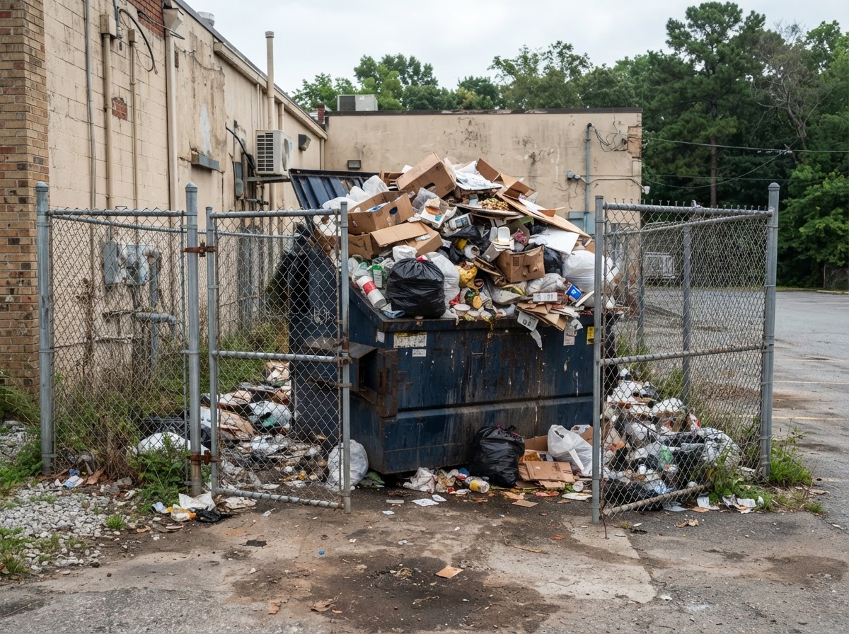 Overflowing front-load dumpster inside a fenced enclosure