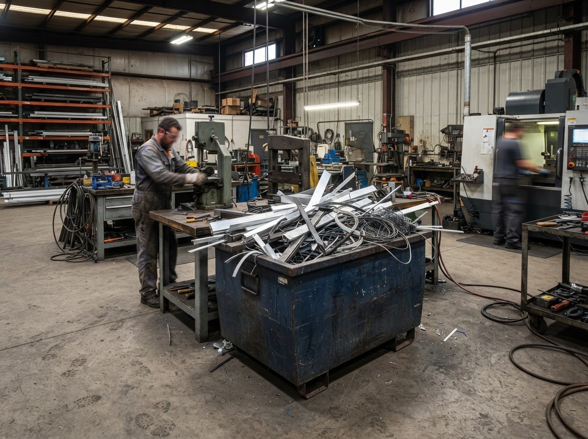 A light-industrial bay with production offcuts collected in a bin
