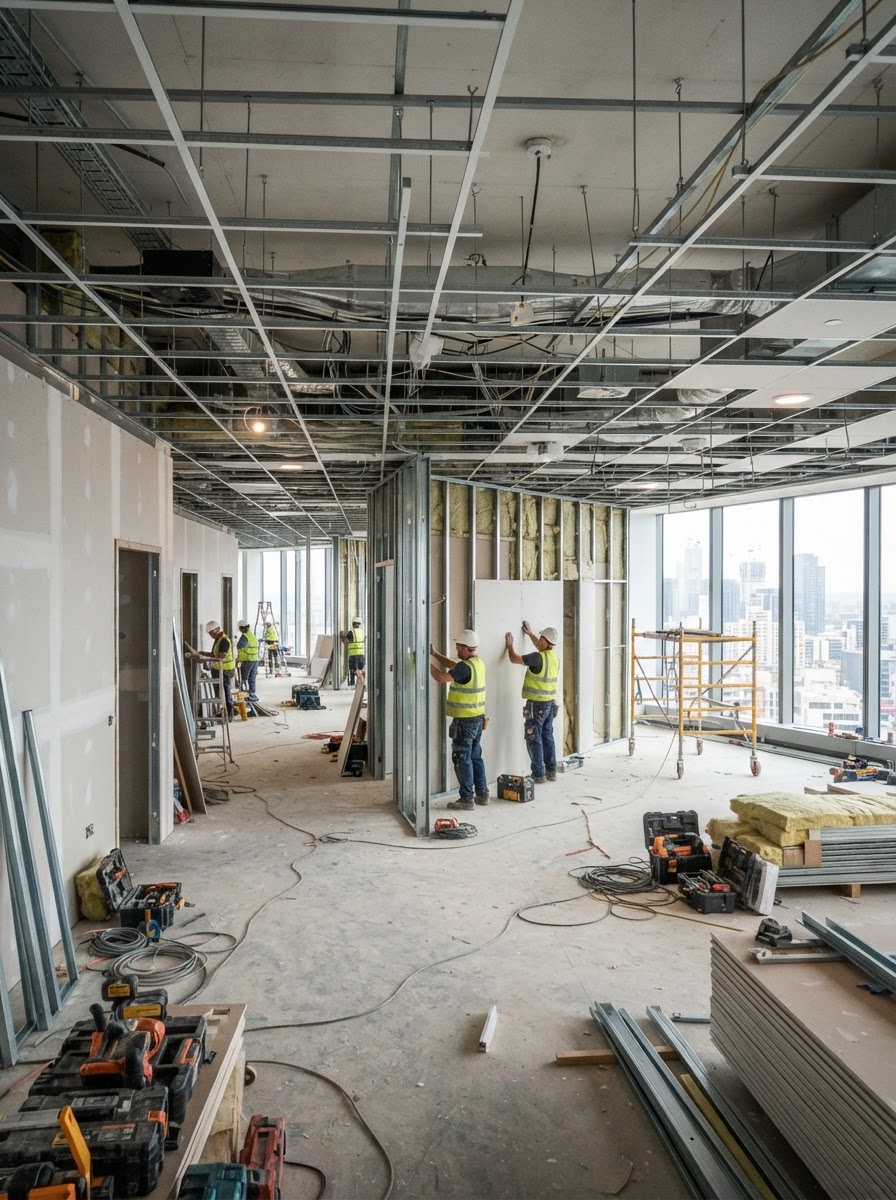An office fit-out interior with ceiling grid and partitions going in