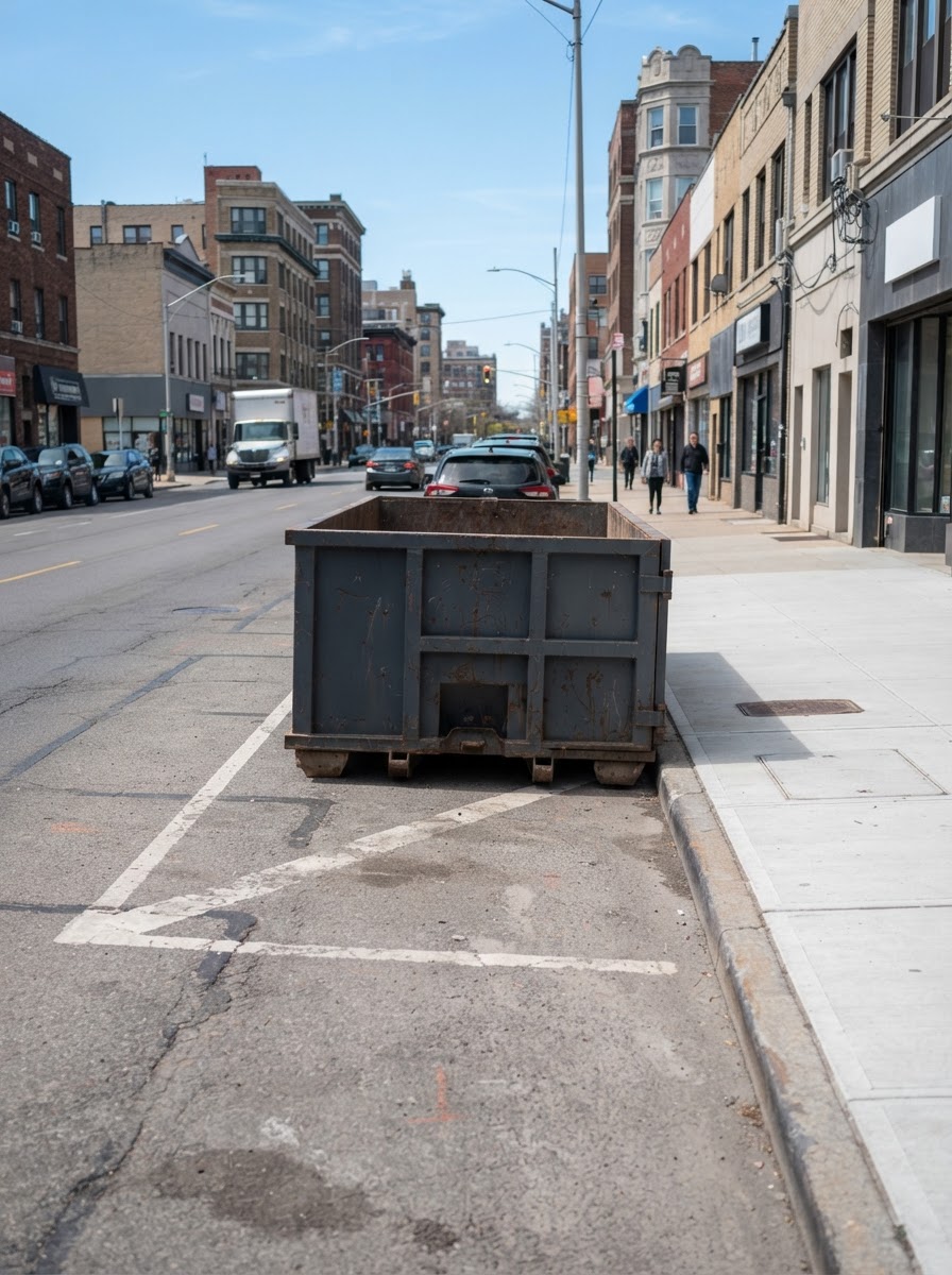 Compact roll-off container beside a loading zone on a downtown Macon commercial street with sidewalk kept clear