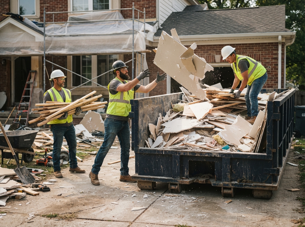 A contractor crew loading renovation debris into a roll-off container in South Bibb County