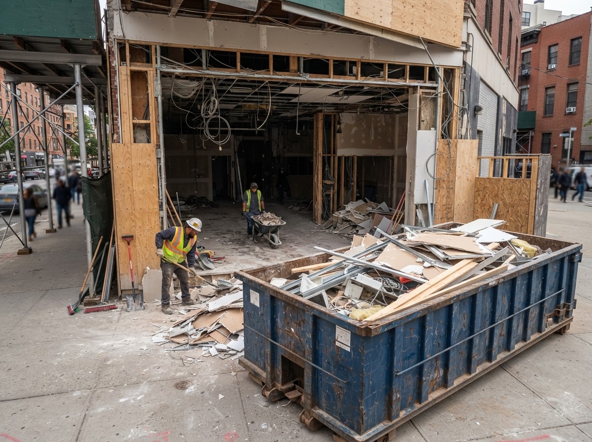 Storefront fit-out in progress with renovation debris staged for a roll-off container in North Macon
