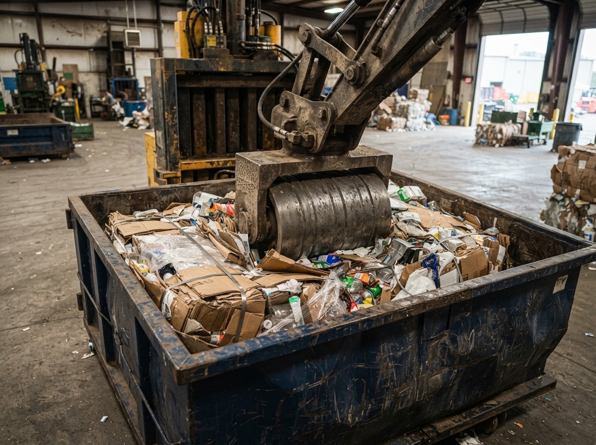 Compaction drum pressing a packaging-heavy load inside a roll-off container in West Macon