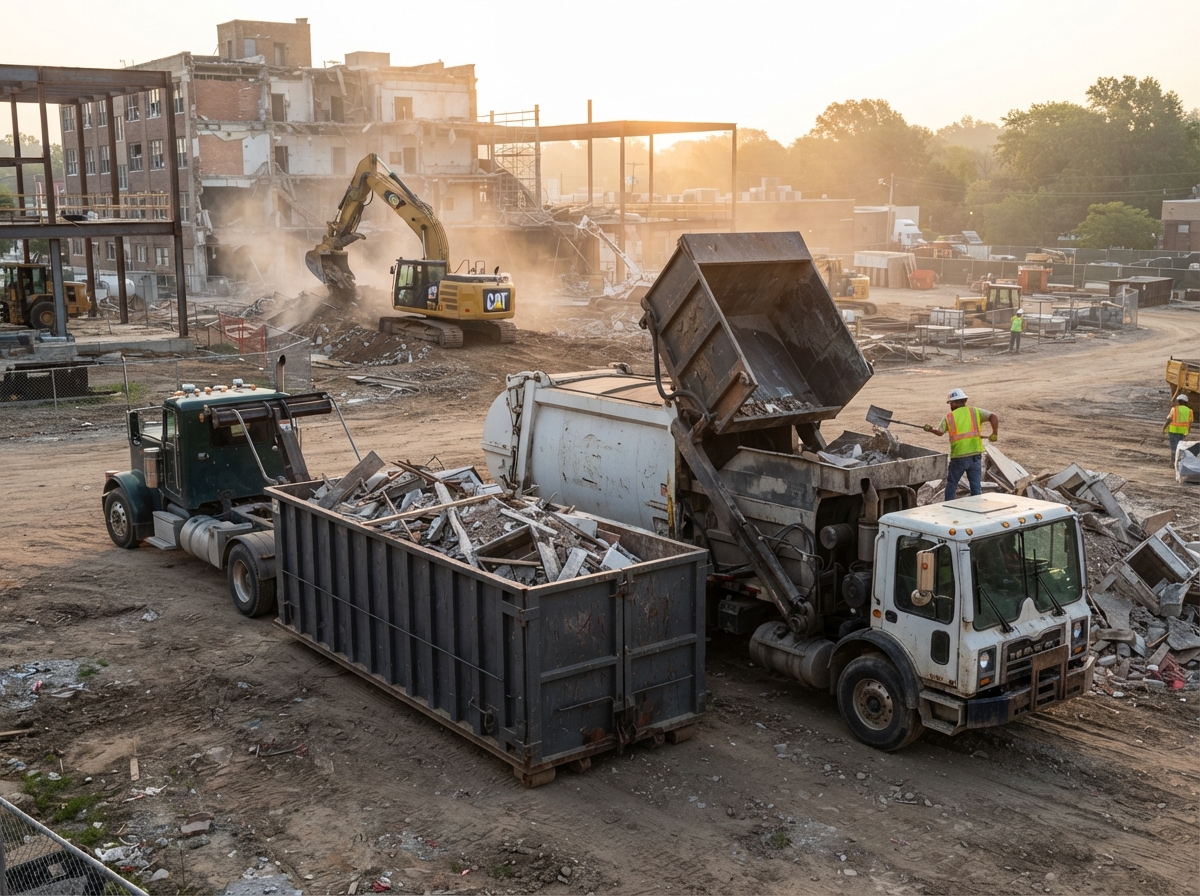 A mobile compaction truck working beside a hauler's roll-off container at a demolition site