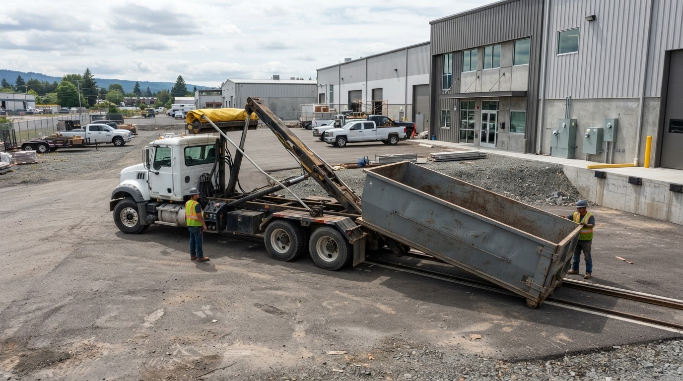 Roll-off delivery truck placing a container at a commercial site