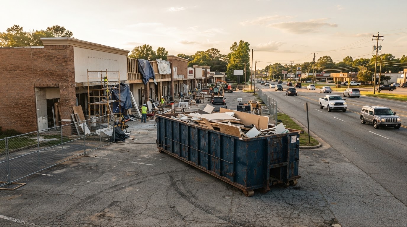 Roll-off container at a retail center under renovation along a busy commercial corridor in North Macon