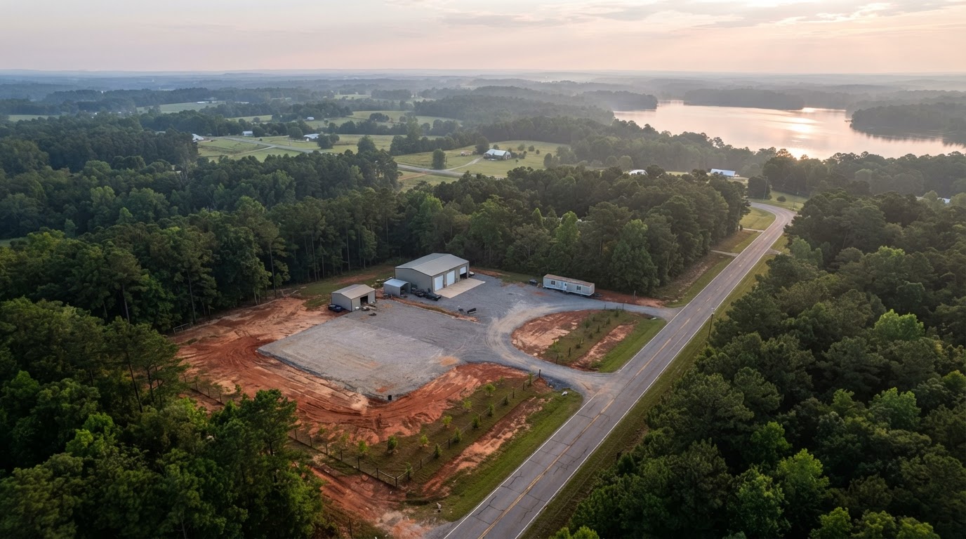 A roll-off container on a large rural-commercial property with open space around it in west Bibb County