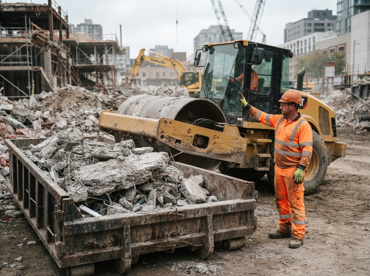 An operator waving off a compaction pass on a dense concrete load