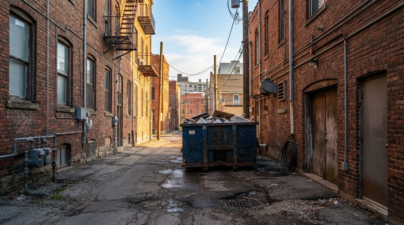 Roll-off container placed neatly in a narrow lane behind older brick commercial buildings in downtown Macon