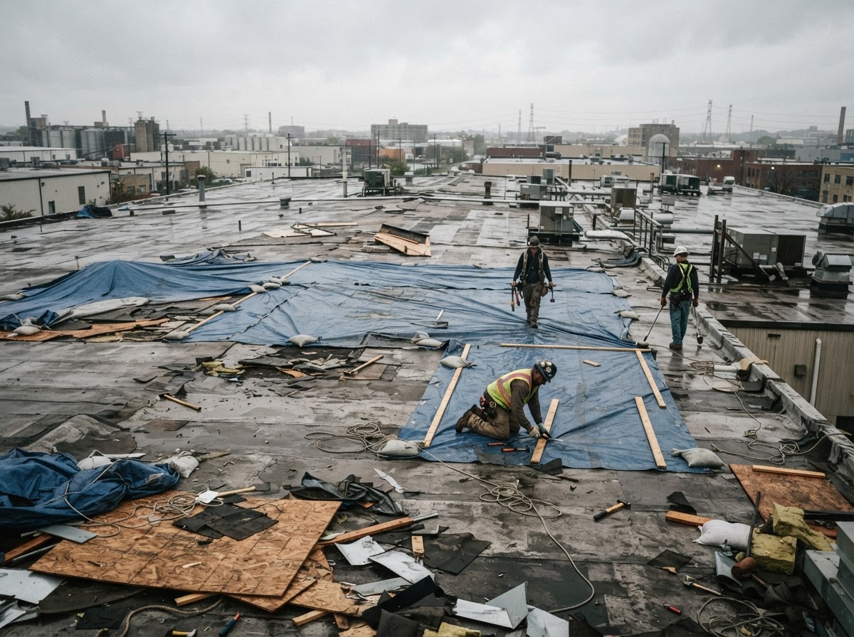 A storm-damaged roof with tarps still down and scattered debris