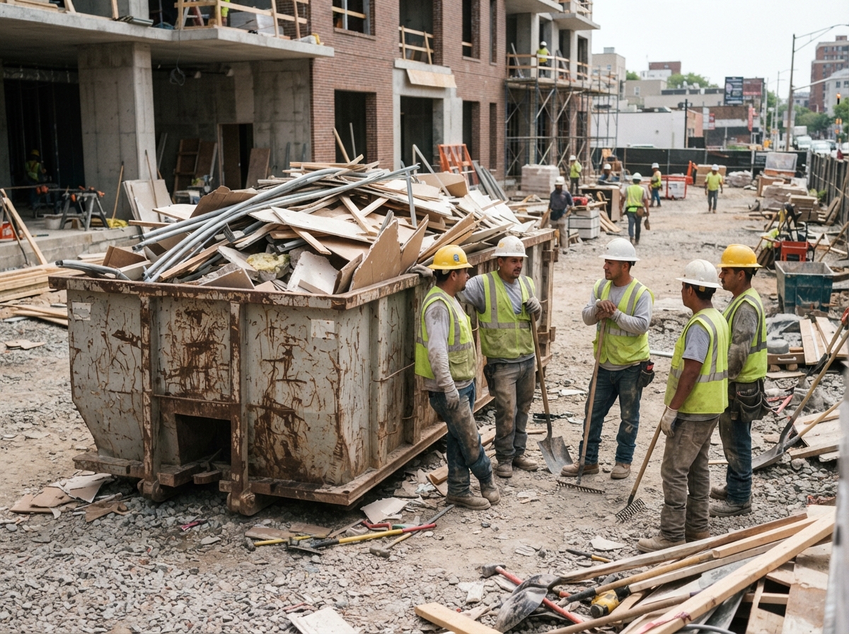 Roll-off container being hauled away visibly half full of light renovation debris