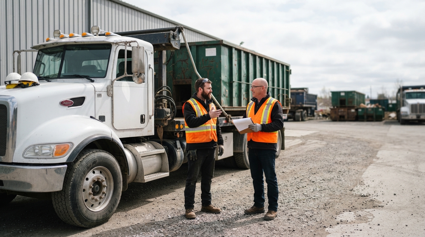 Two hauling professionals in hi-vis vests standing beside a parked roll-off truck talking, container in the background