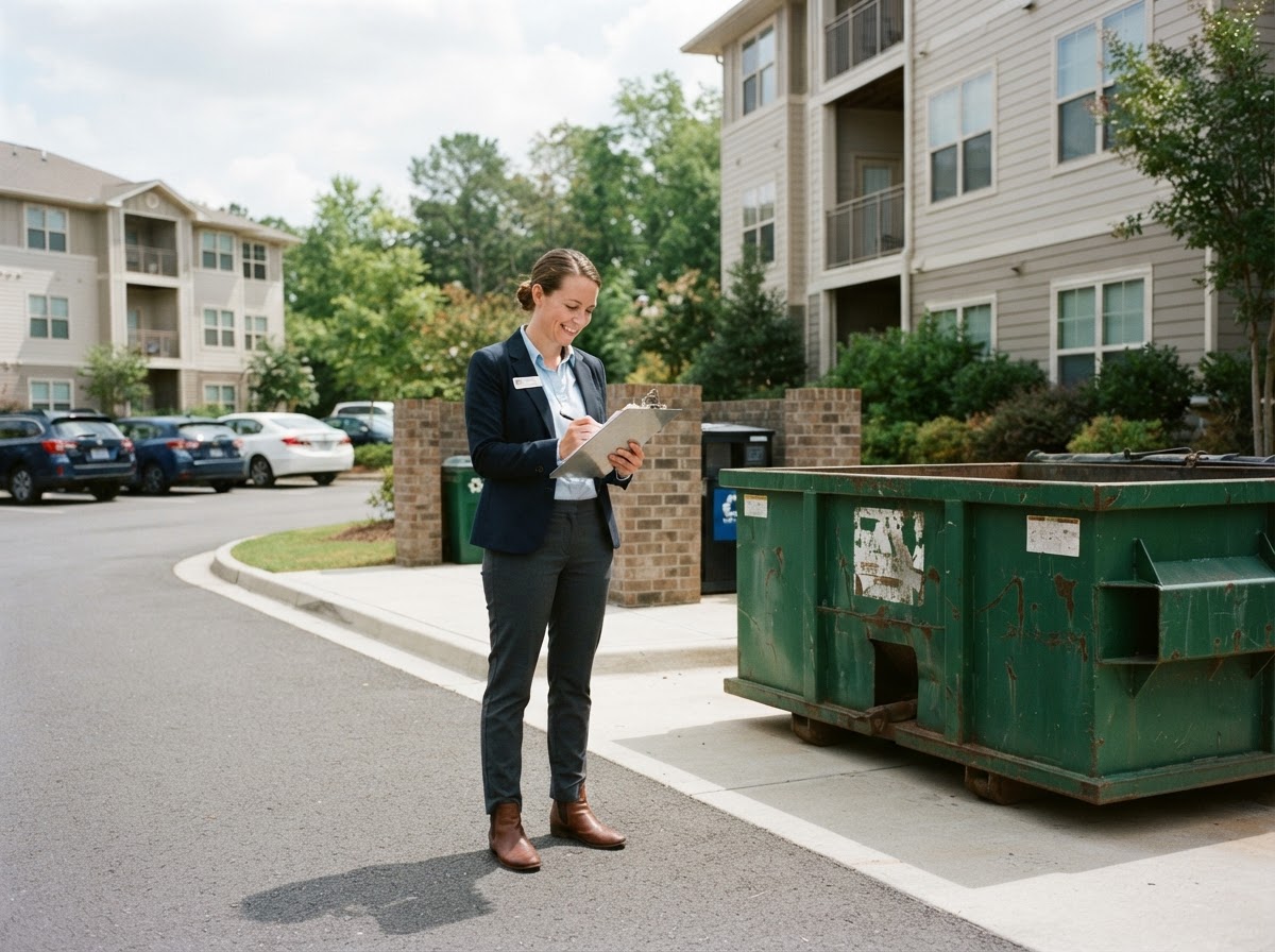 A property manager reviewing a clipboard beside a container placement
