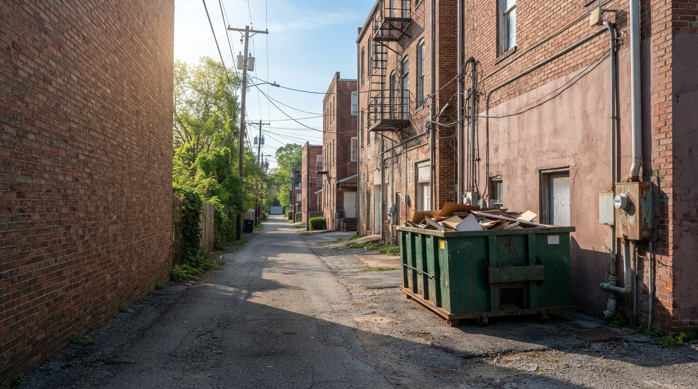 Roll-off container placed neatly in a narrow lane behind older brick commercial buildings in downtown Macon
