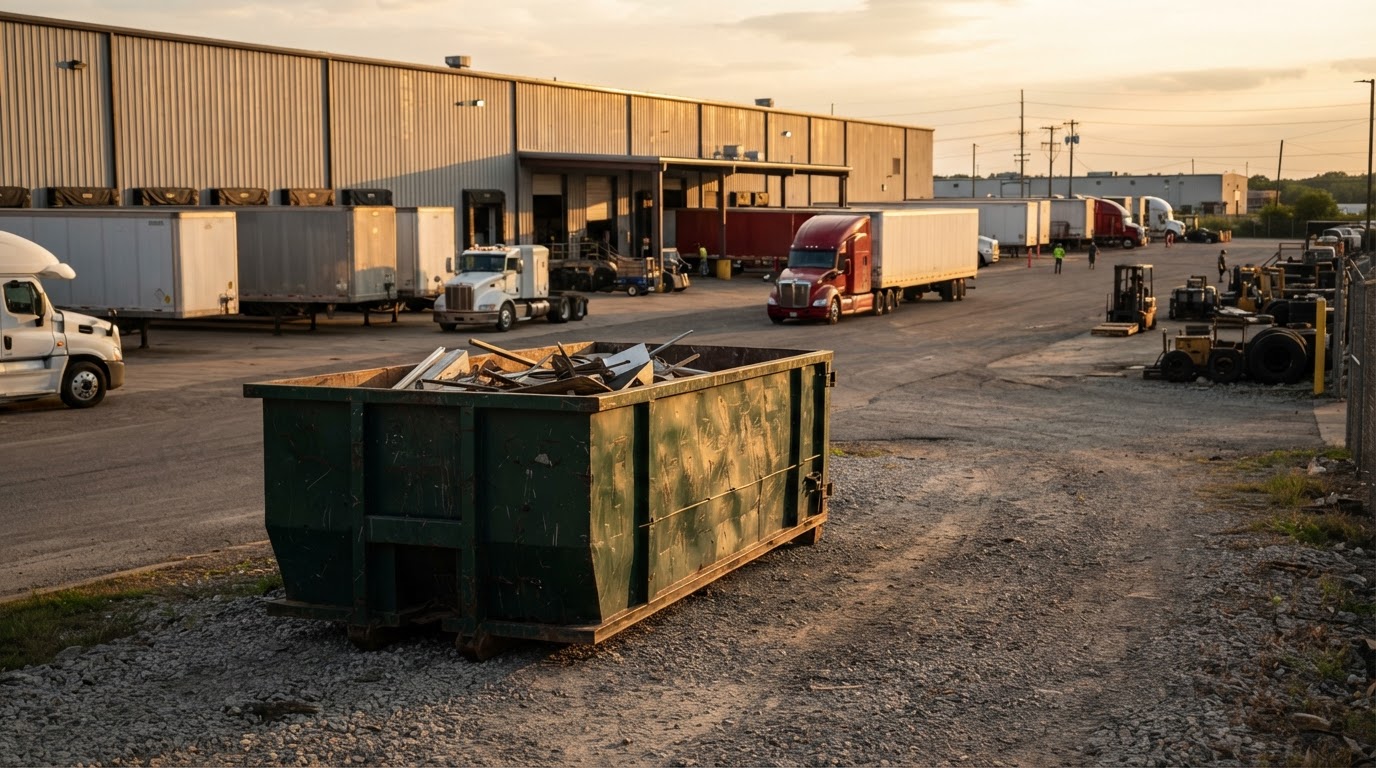 Roll-off container at a distribution yard with semi-trailers in the background along the I-16 corridor in East Macon