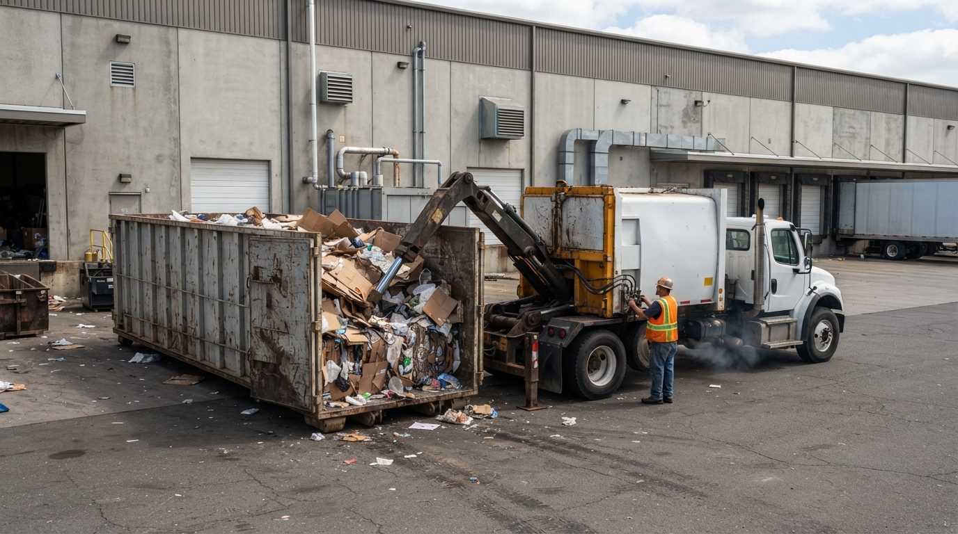 A mobile compaction truck working a roll-off container on-site at a commercial property