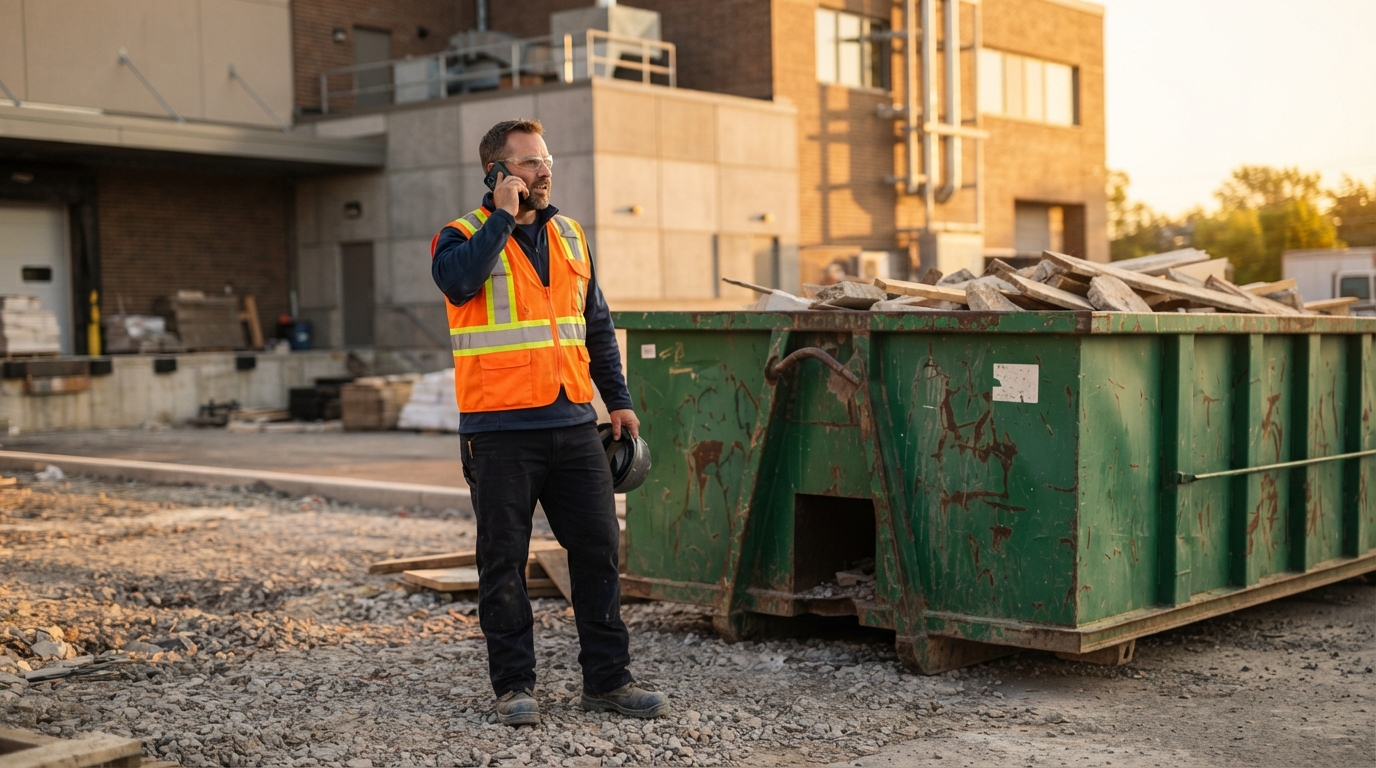 A crew member in a hi-vis vest on a phone standing beside a roll-off container at a commercial building in late afternoon light
