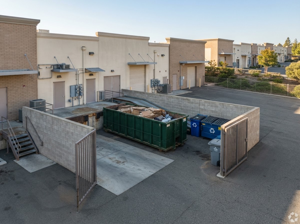 Container after a compaction pass, contents dense and level, at a West Macon retail center