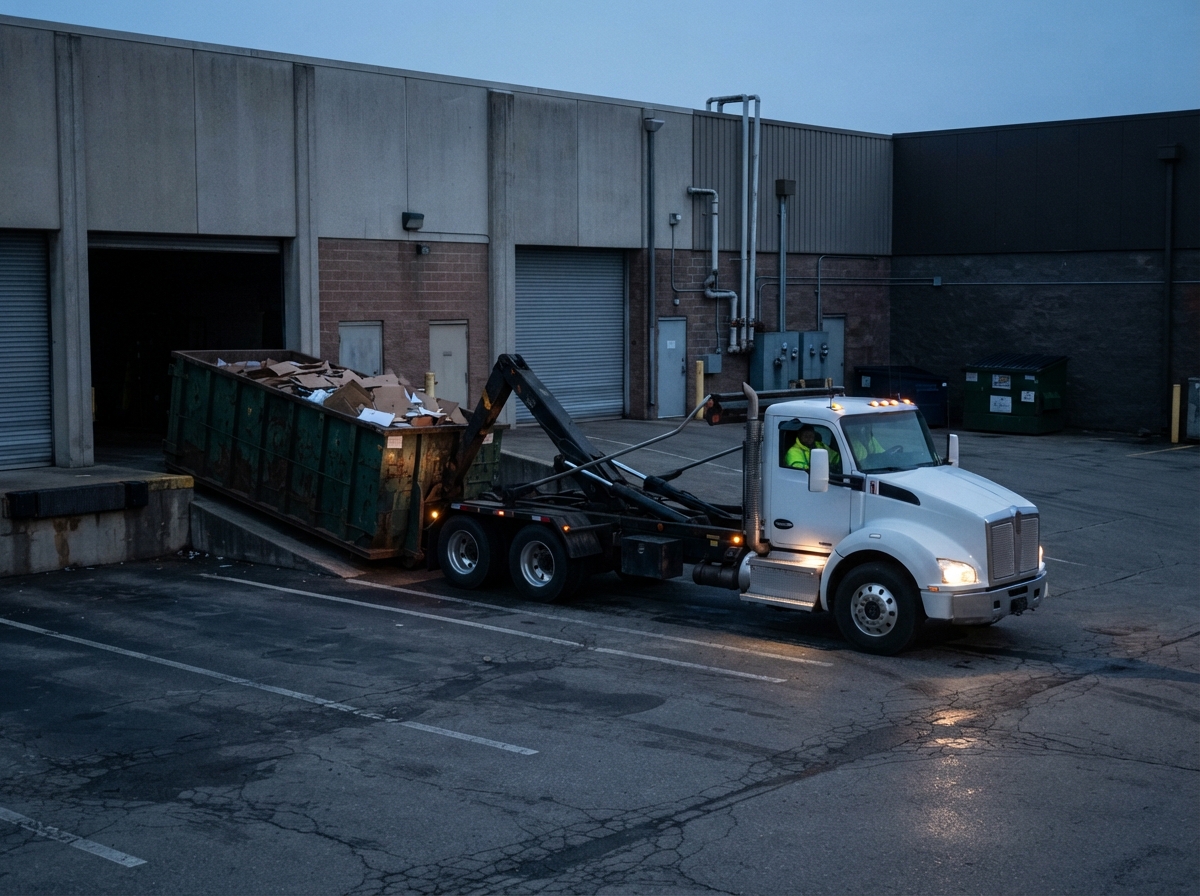 A swap truck arriving at a retail rear entrance before opening hours in North Macon