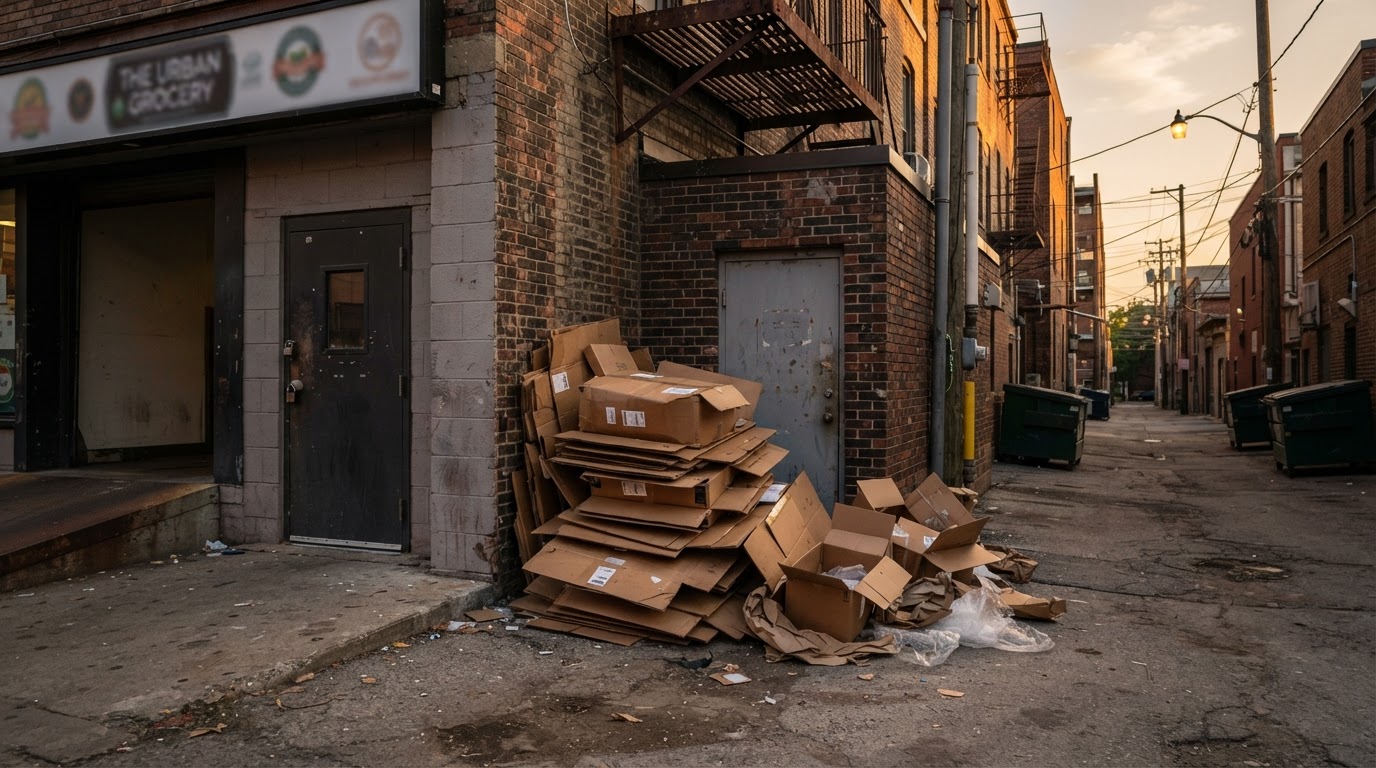 Flattened and loose cardboard boxes stacked behind a retail storefront at close of business