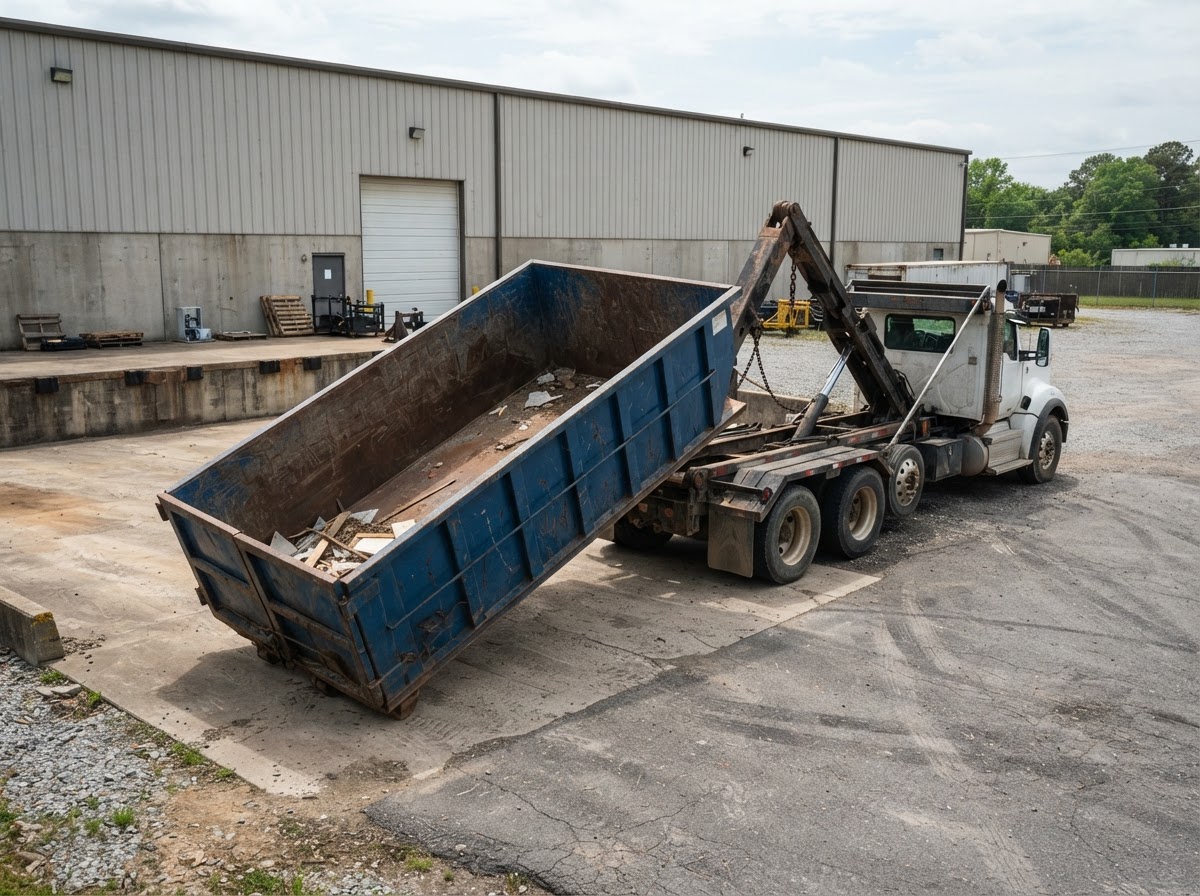 Hook truck pulling a visibly half-empty roll-off container off a pad