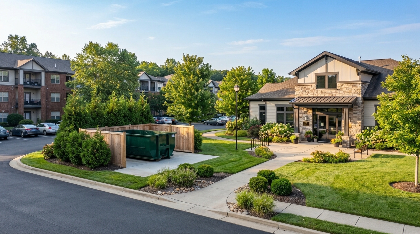 Clean apartment community with a neatly placed roll-off dumpster container away from the leasing entrance