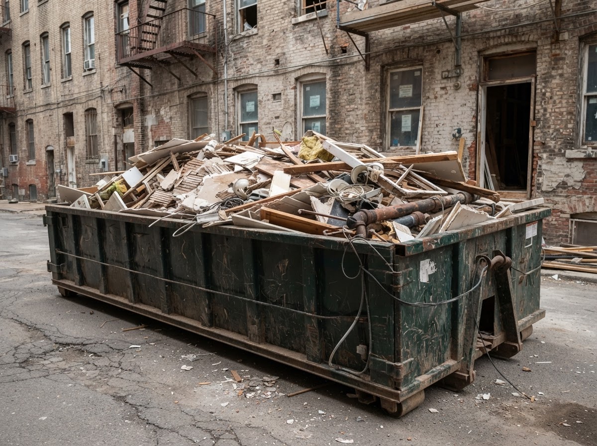 Renovation debris from an older building interior loaded in a roll-off container in downtown Macon